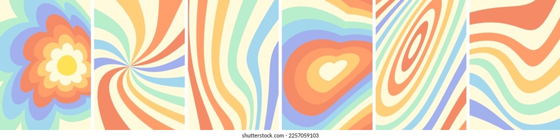 Retro groovy distorted rainbow art poster set. Psychedelic hippie style colorful twisted backgrounds with distortion. Vintage hippy flower and heart abstract eps banners. Trendy y2k pop culture bright