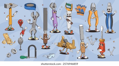 Retro groovy diy and repair tools characters. Vector set of friendly hammer, wrench, saw, and plane, chisel, screwdriver, drill, gloves and pliers with expressive faces, playful handyman work tools