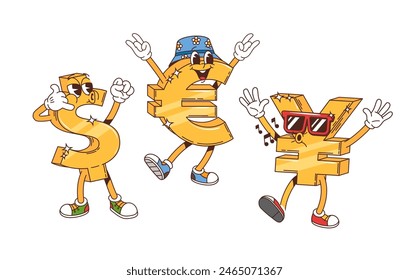 Retro groovy dollar, euro and yen sign characters. Isolated cartoon vector three the major global currency golden symbol personages wearing funky style fashioned hat and sunglasses, joyfully gesturing
