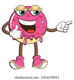 Retro groovy donut cake character. Retro cartoon style 60s, 80s. Vector illustration.