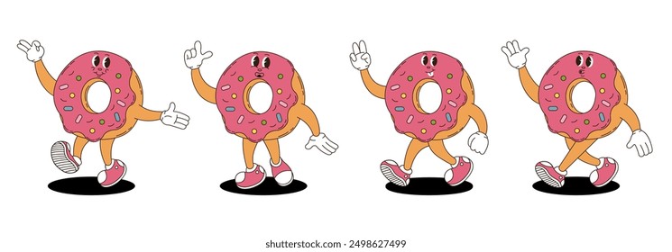 Retro groovy donut characters set. 