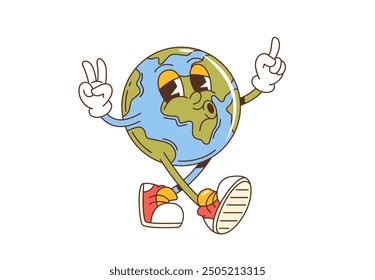 Retro groovy earth planet or cartoon space character with funky funny face, vector 70s comic art. Groovy earth planet with happy smiling face, peace gesture sign and whistling melody for emoji