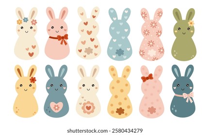 Retro Groovy Easter bunnies clipart. Happy Easter day. Cute bunny in cartoon flat style. Hand draw vector illustration