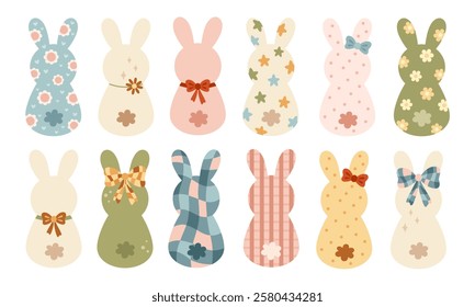 Retro Groovy Easter bunnies clipart. Happy Easter day. Cute bunny in cartoon flat style. Hand draw vector illustration