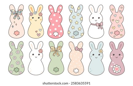 Retro Groovy Easter bunnies clipart. Happy Easter day. Cute bunny in cartoon flat style. Hand draw vector illustration