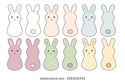 Retro Groovy Easter bunnies clipart. Happy Easter day. Cute bunny in cartoon flat style. Hand draw vector illustration