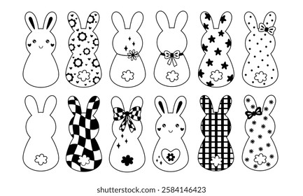 Retro Groovy Easter bunnies clipart set. Happy Easter day. Black and white bunny doodle in cartoon flat style. Hand draw vector illustration