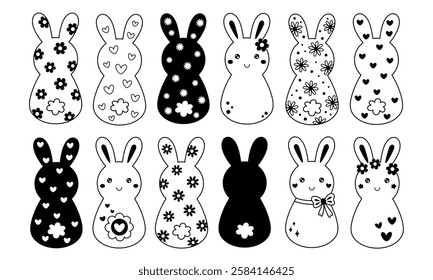 Retro Groovy Easter bunnies clipart set. Happy Easter day. Black and white bunny doodle in cartoon flat style. Hand draw vector illustration