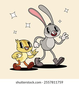 Retro groovy Easter Bunny and Chicken walking. Mascot springtime characters in trendy retro cartoon style. Vector illustration.