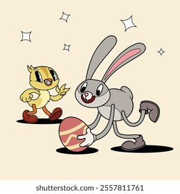 Retro groovy Easter Bunny and Chicken. Mascot springtime characters in trendy retro cartoon style. Vector illustration.