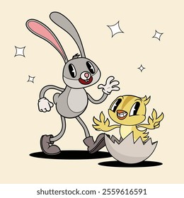 Retro groovy Easter Bunny and Chicken. Mascot springtime characters in trendy retro cartoon style. Vector illustration.