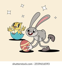 Retro groovy Easter Bunny and Chicken. Mascot springtime characters in trendy retro cartoon style. Vector illustration.