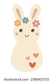 Retro Groovy Easter bunny clipart. Happy Easter day. Cute bunny in cartoon flat style. Hand draw vector illustration