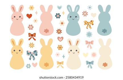 Retro Groovy Easter bunny clipart. Happy Easter day. Cute bunnies and flowers in cartoon flat style. Hand draw vector illustration