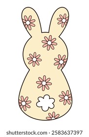 Retro Groovy Easter bunny clipart. Happy Easter day. Cute bunny in cartoon flat style. Hand draw vector illustration