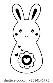 Retro Groovy Easter bunny clipart. Happy Easter day. Black and white bunny doodle in cartoon flat style. Hand draw vector illustration