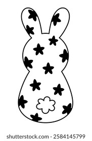 Retro Groovy Easter bunny clipart. Happy Easter day. Black and white bunny doodle in cartoon flat style. Hand draw vector illustration