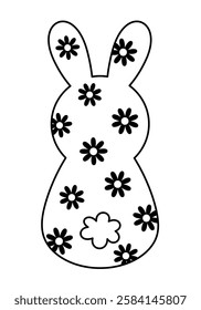 Retro Groovy Easter bunny clipart. Happy Easter day. Black and white bunny doodle in cartoon flat style. Hand draw vector illustration