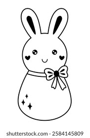 Retro Groovy Easter bunny clipart. Happy Easter day. Black and white bunny doodle in cartoon flat style. Hand draw vector illustration