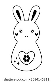 Retro Groovy Easter bunny clipart. Happy Easter day. Black and white bunny doodle in cartoon flat style. Hand draw vector illustration