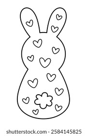 Retro Groovy Easter bunny clipart. Happy Easter day. Black and white bunny doodle in cartoon flat style. Hand draw vector illustration