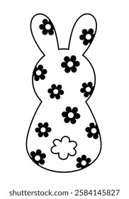 Retro Groovy Easter bunny clipart. Happy Easter day. Black and white bunny doodle in cartoon flat style. Hand draw vector illustration