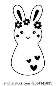 Retro Groovy Easter bunny clipart. Happy Easter day. Black and white bunny doodle in cartoon flat style. Hand draw vector illustration