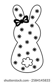 Retro Groovy Easter bunny clipart. Happy Easter day. Black and white bunny doodle in cartoon flat style. Hand draw vector illustration