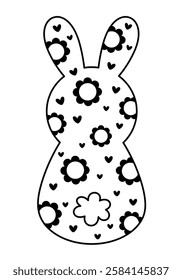 Retro Groovy Easter bunny clipart. Happy Easter day. Black and white bunny doodle in cartoon flat style. Hand draw vector illustration