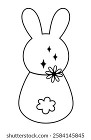 Retro Groovy Easter bunny clipart. Happy Easter day. Black and white bunny doodle in cartoon flat style. Hand draw vector illustration