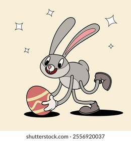 Retro groovy Easter Bunny hunting egg. Mascot springtime character in trendy retro cartoon style. Vector illustration.