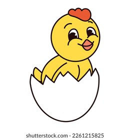 Retro groovy easter chicken in egg in trendy cartoon 60s 70s style. Old classic cartoon style. Flat vector illustration