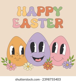 Retro groovy easter egg character. Cute siting mascot with banny ears holding littl chicken. Spring holiday concept in trendy retro 60s 70s cartoon style.