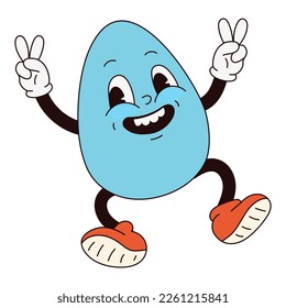 Mascota retro groovy de huevo de Pascua al estilo de moda de los años 70 de los 60. Viejo estilo clásico de caricatura. Ilustración vectorial plana en colores azul y rojo.