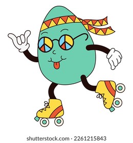 Retro groovy easter egg mascot in trendy cartoon 60s 70s style. Old classic cartoon style. Hippie egg with glasses and roller skates. Flat vector illustration in green colors.