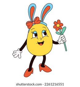 Retro Groovy Osterei Maskottchen im trendigen Cartoon 60s 70s Stil. Alter klassischer Cartoon-Stil. Girl Ei mit Blume und Bündchen mit Kaninchenähren. Flache Vektorgrafik in gelben, roten Farben.