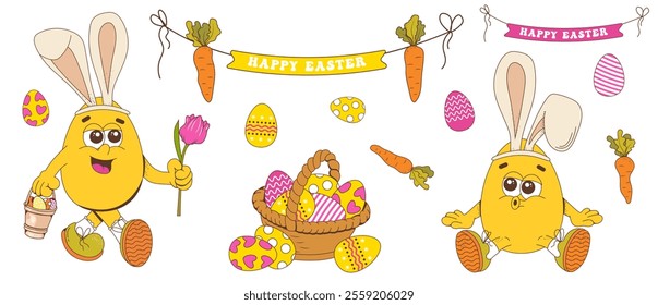 Retro groovy easter egg mascot characters. Easter set of design elements. Egg, carrot, basket, tulip, flowers, rabbit.