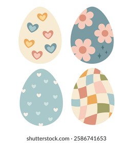 Retro Groovy Easter eggs clipart set. Happy Easter clipart in cartoon flat style. Hand draw vector illustration