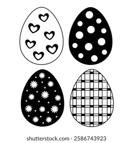 Retro Groovy Easter eggs clipart set. Black and white Easter doodle in cartoon flat style. Hand draw vector illustration