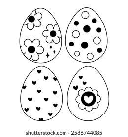 Retro Groovy Easter eggs clipart set. Black and white Easter doodle in cartoon flat style. Hand draw vector illustration