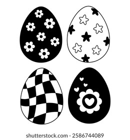 Retro Groovy Easter eggs clipart set. Black and white Easter doodle in cartoon flat style. Hand draw vector illustration