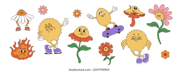 Retro groovy easter eggs. Stickers in trendy retro 60s 70s cartoon style. Vector illustration in yellow, red colors.