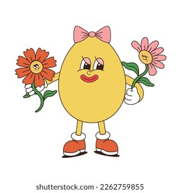 Retro groovy easter eggs. Stickers in trendy retro 60s 70s cartoon style. Vector illustration in yellow, red colors.