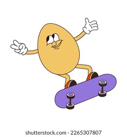 Retro groovy easter eggs. Stickers in trendy retro 60s 70s cartoon style. Vector illustration in yellow, red colors.