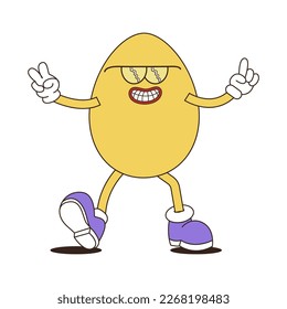 Retro groovy easter eggs. Stickers in trendy retro 60s 70s cartoon style. Vector illustration in yellow, red colors.
