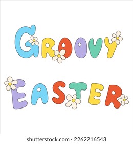 Retro groovy easter lettering with flowers in trendy cartoon 60s 70s style. Old classic cartoon style. Flat vector illustration