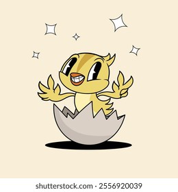 Retro groovy easter new born chicken in the egg shell. Chick character in trendy retro cartoon style. Vector illustration.