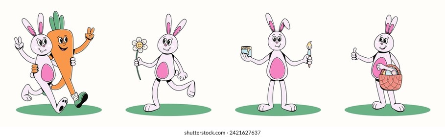 Personajes retro groovy de mascota de conejo de Pascua. Conjunto de stickers en el estilo de dibujos animados de moda de los años 70 de los 60. Ilustración vectorial conejo con diferentes expresiones faciales corriendo, caminando, parados, saltando.