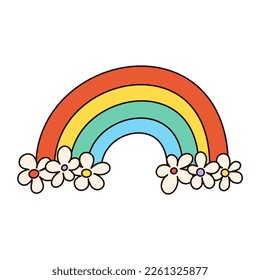 Retro groovy easter rainbow in trendy cartoon 60s 70s style. Old classic cartoon style. Cute rainbow with flowers. Flat vector illustration