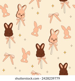 Retro groovy Easter Seamless Pattern bunny doodle drawing on pastel background. Bunny, sweets, flowers, eggs.